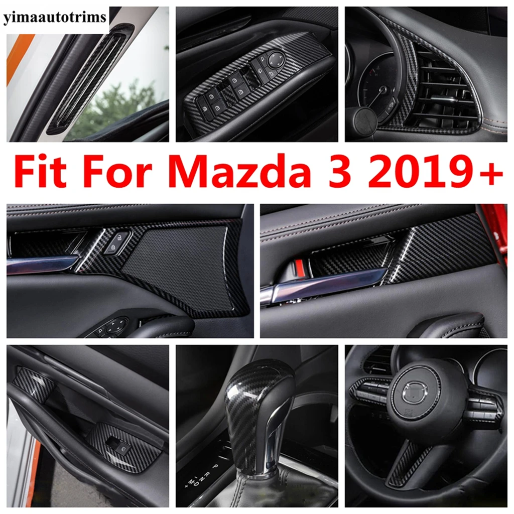 A Pillar Air / Handle Bowl Lift / Steering Wheel / Gear Knob Handle Cover Trim For Mazda 3 2019 - 2023 Carbon Fiber Accessories