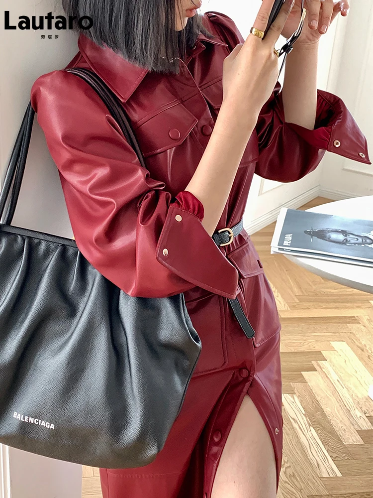 Lautaro Spring long leather shirt dress women with long puff sleeve belt pockets buttons Faux leather dresses for women 2021 7xl