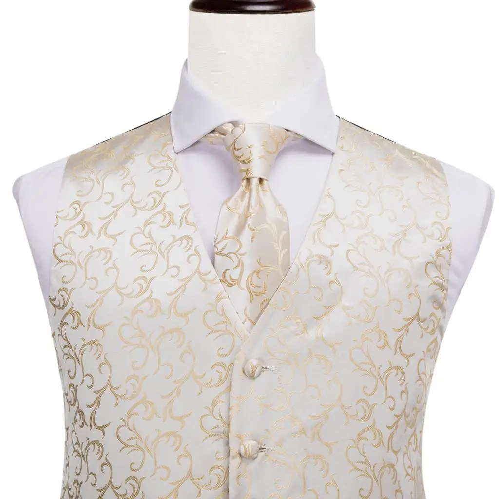 Hi-Tie 100% Silk Ivory Beige Champagne Gold Mens Vests Tie Hankerchief Cufflinks Set Jacquard Vine Waistcoat for Men Suit Dress