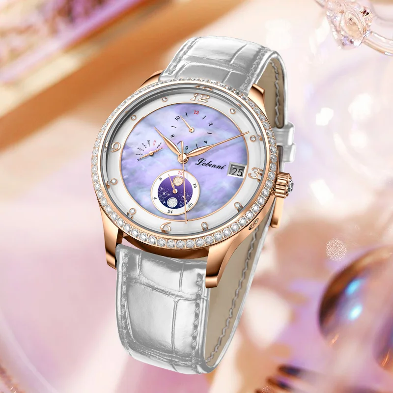 Switzerland Luxury Brand LOBINNI High-class Automatic Mechanical Women\'s Watches Sapphire Waterproof Diamond Moon Phase L2063