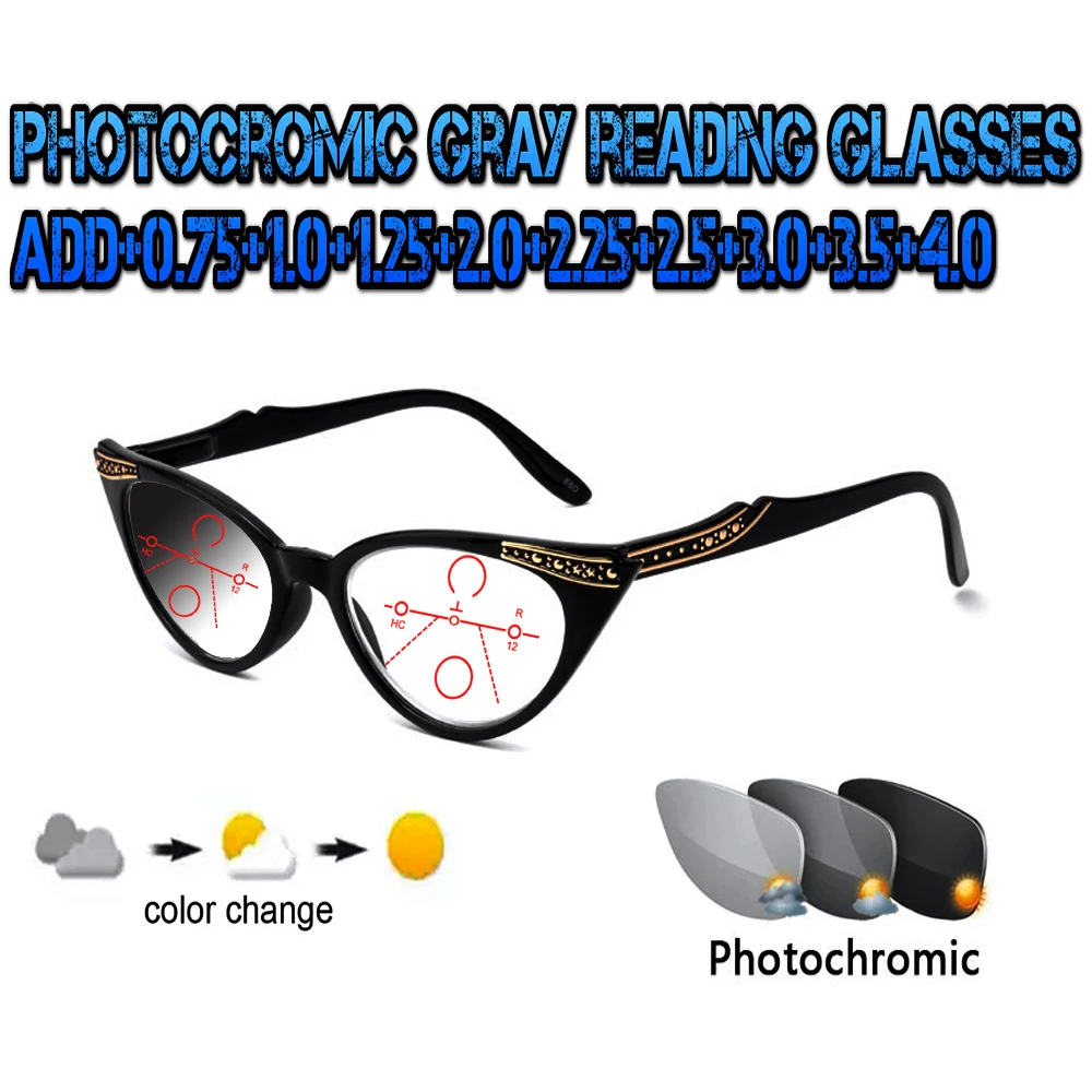 Photochromic Gray Progressive Multifocal Reading Glasses Ultralight Cat's Eyes Fashion for Ladies Women+0.75 To +4.0