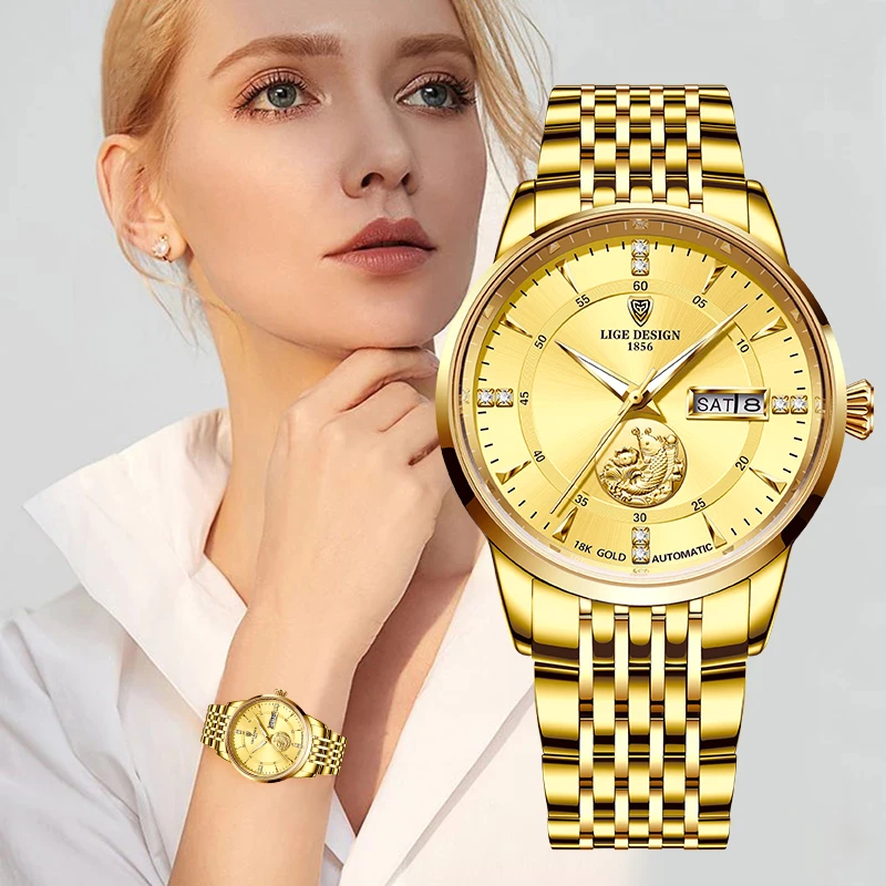 Reloj Mujer LIGE Brand Luxury Women Mechanical Watch Ladies Fashion Waterproof Crystal Automatic Wristwatches Luminous Clock+Box