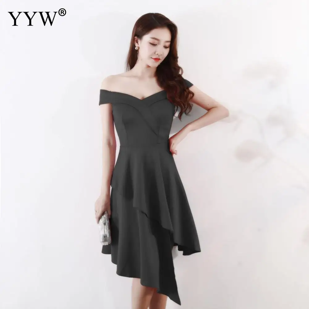 Cotton Ôm Vai Ngắn Dạ Hội Không Đều Rủ Rắn Sinh Nhật Tiệc Cocktail Đầu Gối Chiều Dài Thanh Lịch Abendkleider