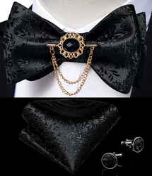 Black Floral Solid Self Tie Bow Tie Men Fashion Butterfly Silk Formal Business Wedding Party Bowtie Handkerchief Set DiBanGu