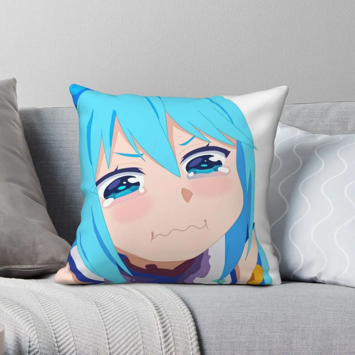 Konosuba Sad Aqua Square Pillowcase Polyester Linen Velvet Pattern Zip Decor Pillow Case Sofa Cushion Case 45x45