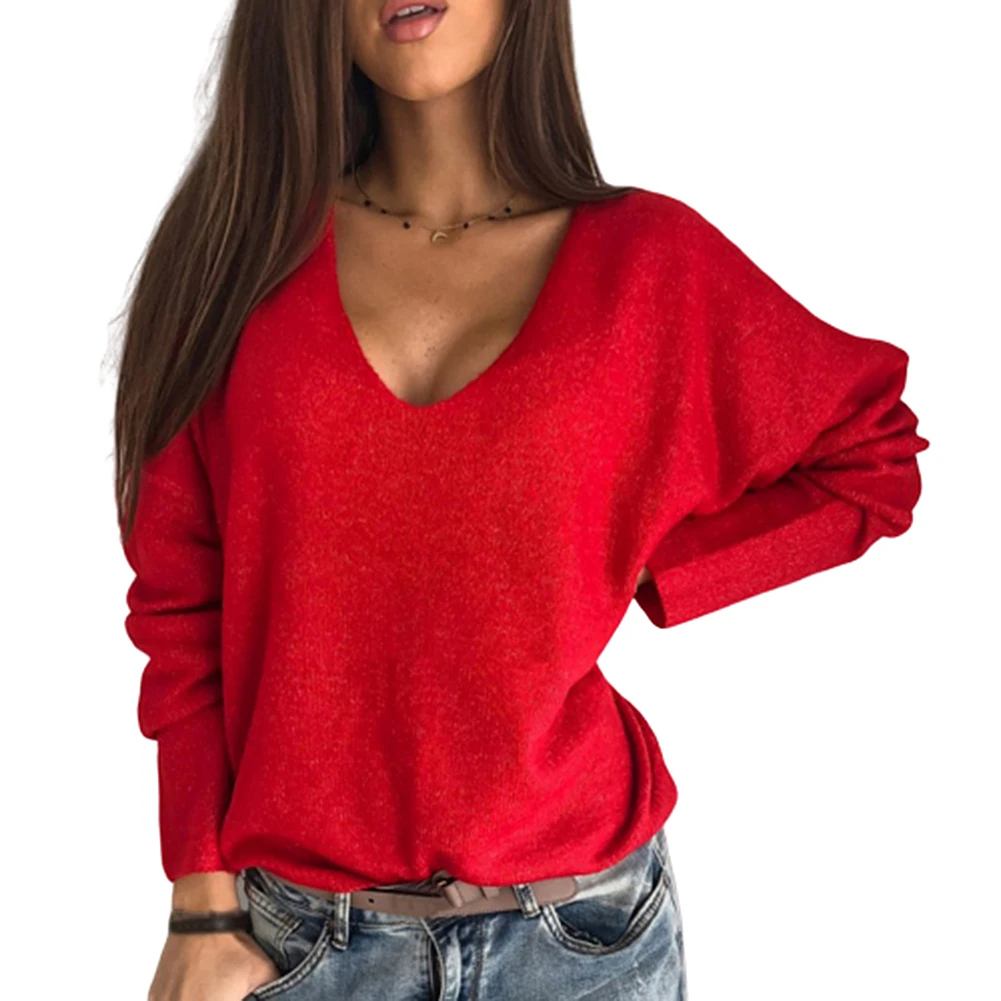 Women Autumn Loose Solid Color V Neck Long Sleeve Plush Pullover Sweater Top