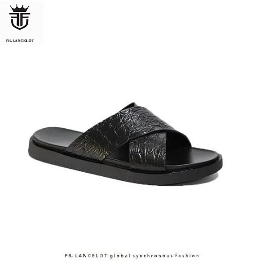 

European Style Cross Snakeskin Real Leather Men Sandals Cozy Men Slippers 2022 Fashion For Men's Shoes