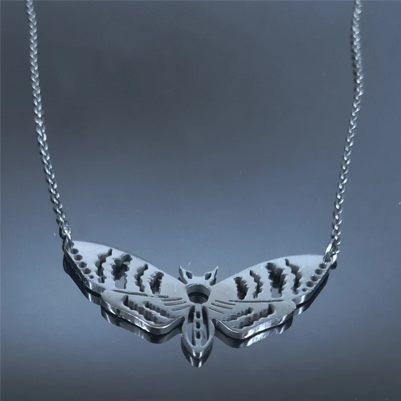 Gothic Moth Edelstahl-Halsketten-Anhänger für Damen und Herren, schwarze Farbe, Kettenhalskette, Schmuck, colgantes mujer moda N3094S03 – Detail 8