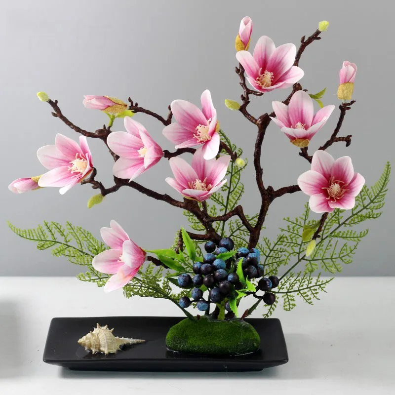 

Chinese Ceramic Vase+Artificial Magnolia Flower Home Livingroom Desktop Furnishing Crafts Dining Table Club Figurines Decoration