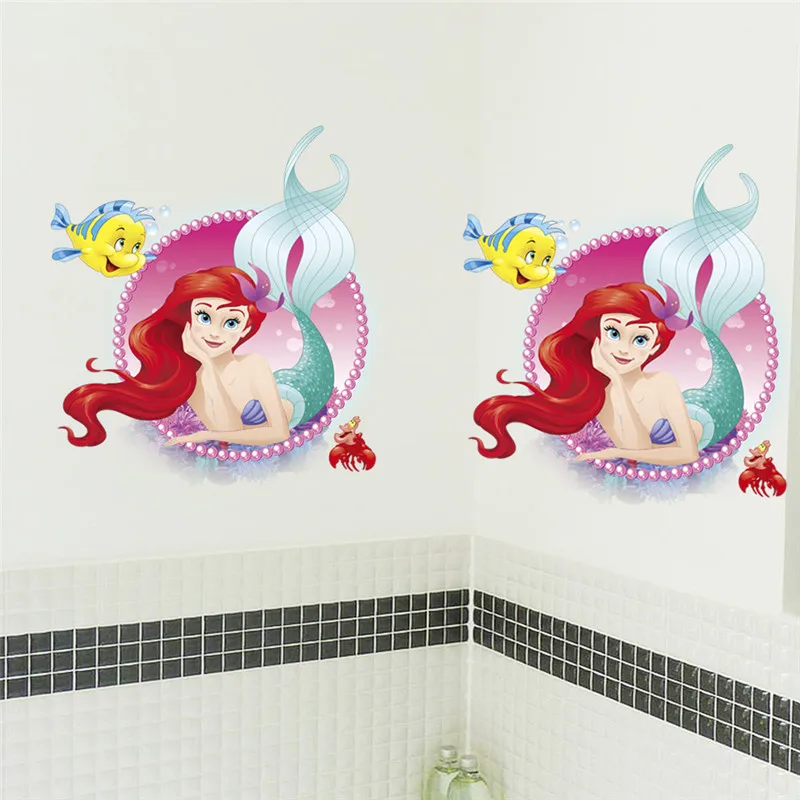 Cartoon Mermaid Ariel Princess With Flounder Froude Wall Stickers For Girls Room Home Bathroom Decoration Art Decals