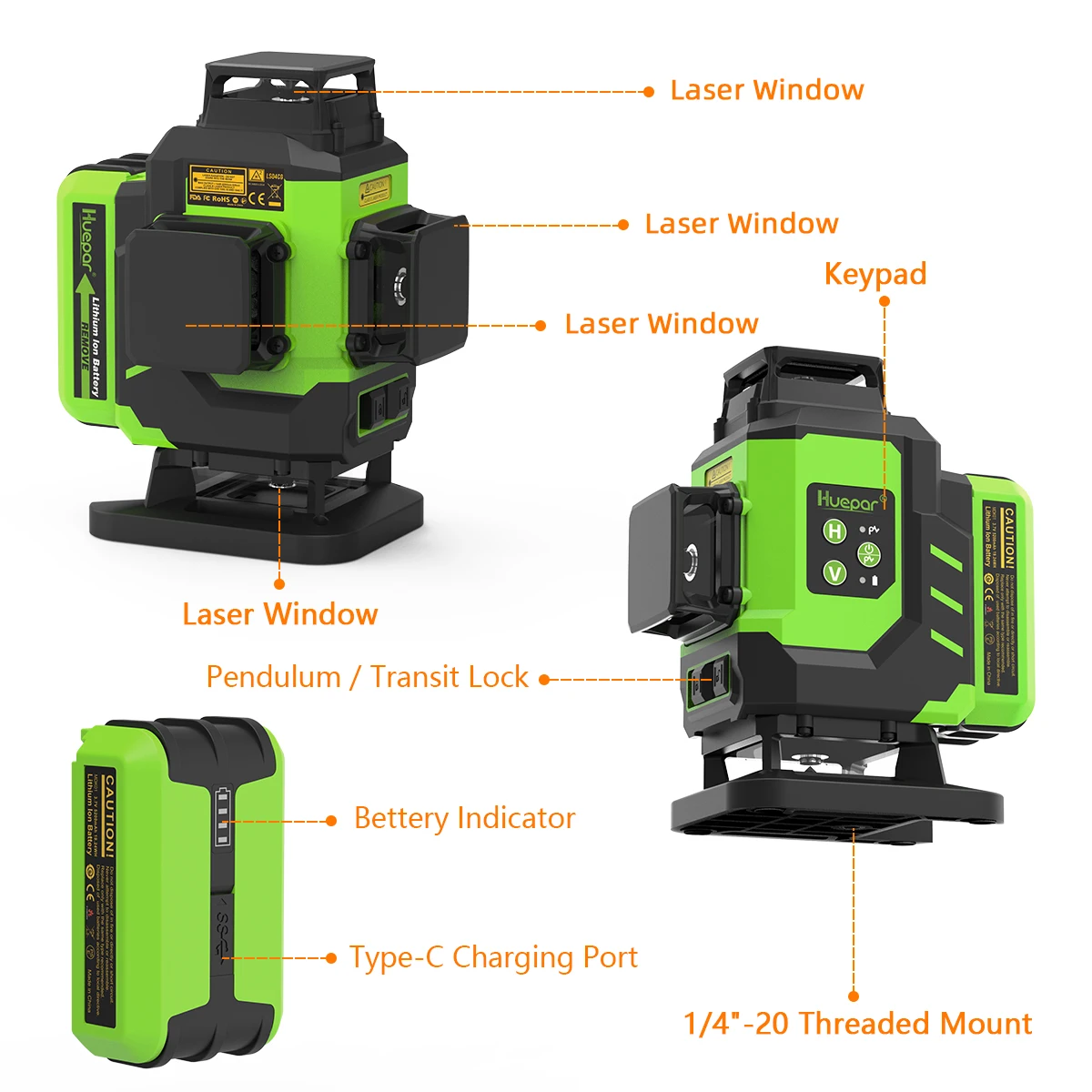 Huepar 16 Lines Green Beam 4D Cross Line Tiling Floor Laser Tools Osram Horizontal & Vertical with Lifting Base 2 Li-ion Battery