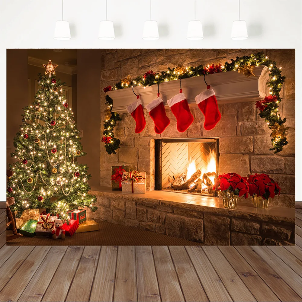 Christmas Family party Fireplace Backdrop Night Christmas Tree Wood Floor Backdrop Floral Window Background Photobooth