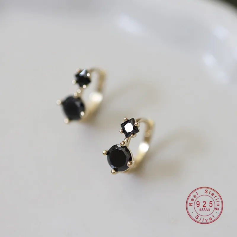 HI MAN 925 Sterling Silver French Black Zircon Geometric Stud Earrings Women 14K Gold Plated Noble Elegant Banquet Jewelry