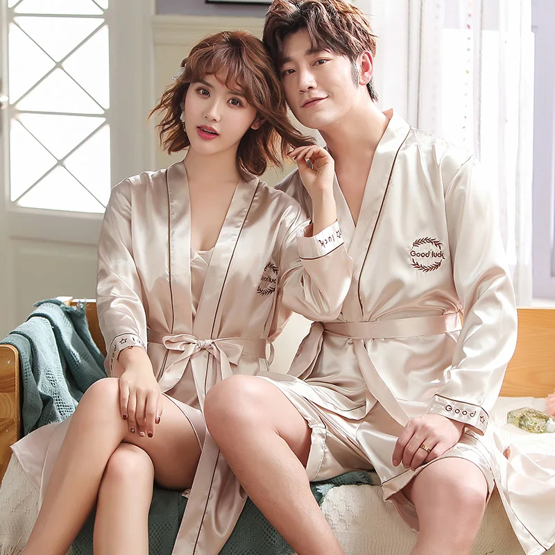 Champagne Summer Spring Silk Men Robe Gown Casual Kimono Bathrobe Male Daily Spa Home Clothes Full Sleeve Sleepwear Lovers Gift