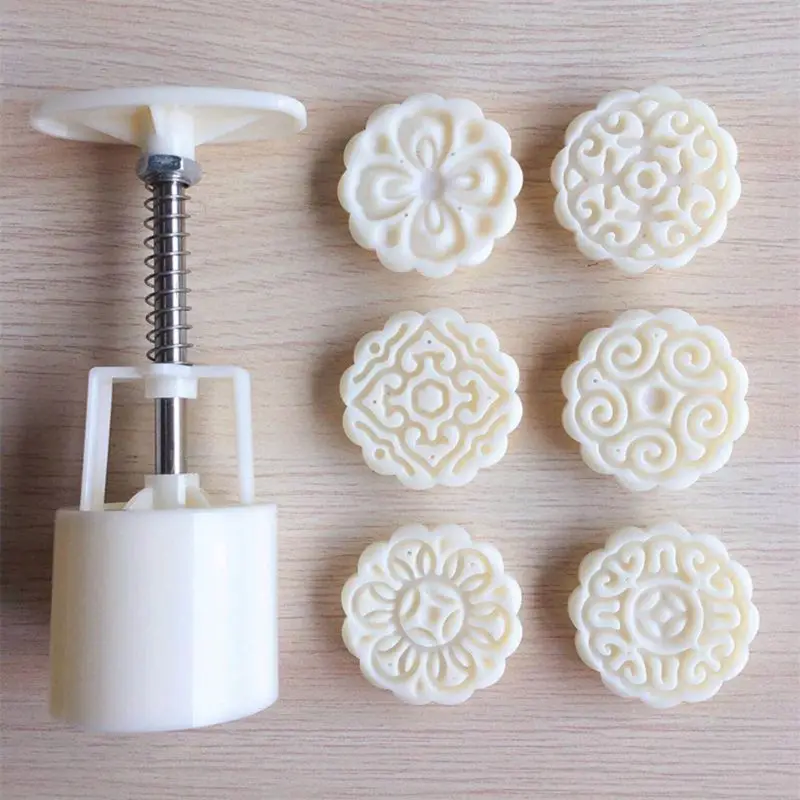 6 Style Round Flower Mooncake Mold Set 50g Mid Autumn Festival DIY Hand Pressure Fondant Moon Cake Mould Decoration Tool