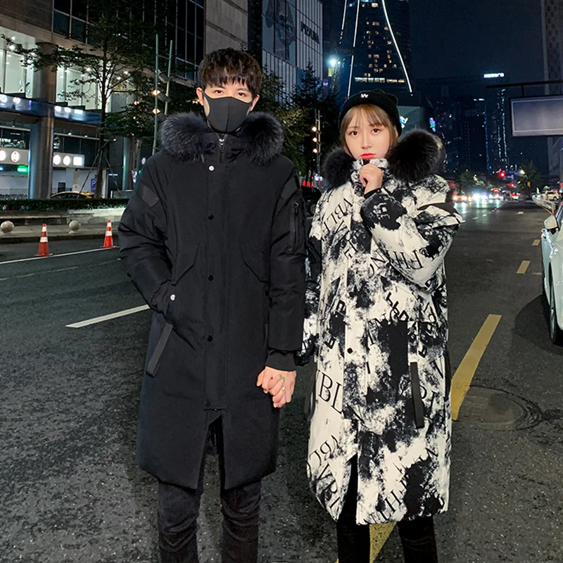 Down jacket men's mid long winter trend Hooded coat couple's winter new thickened warm men's and women's camo graffiti brand fur