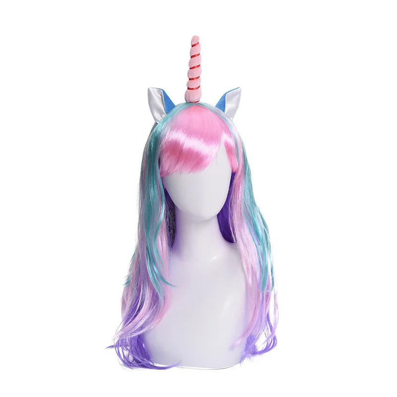 Unicornio europeo y americano falso fiesta del día color cos peluca tocado pelo largo y rizado adecuado para cualquier Forma de cara