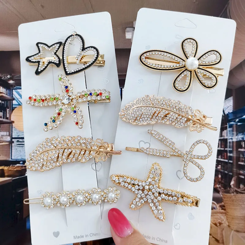 Gold Color Hair Clips Set Vintage Feather Starfish Crystal Pearls Hairpin For Women Fashion Headwear Hair Accessories 2022 New