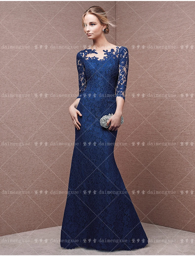 

blue lace appliques mermaid three quarter sleeve Floor вечерние платья Formal Party gowns prom mother of the bride dresses