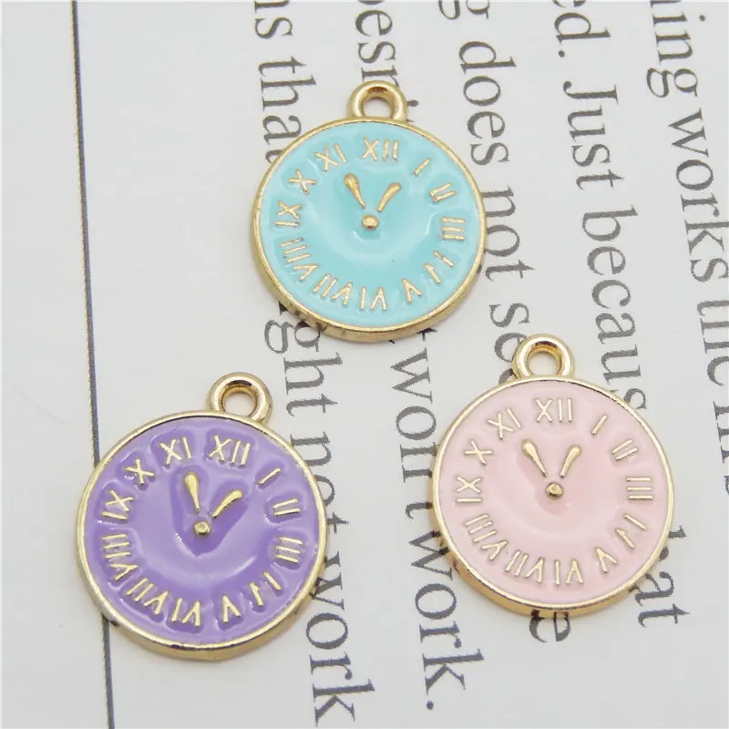 Julie Wang 15PCS Enamel Round Clock Charms Blue Pink Purple Clocks Bracelet Earrings Alloy Jewelry Making Accessory