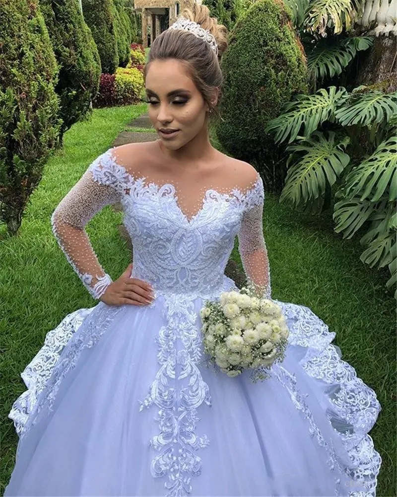 Robe de mariée bouffante à manches longues 2020, tenue de mariage modeste à effet d'illusion, coupe trapèze, avec des appliques transparentes, longues froncées