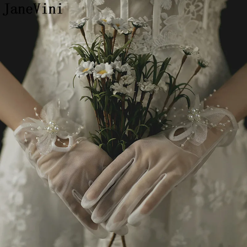 JaneVini Elegant Pearls Elegant Wedding Gloves for Bride Sexy Sheer Tulle White Evening Party Gloves Women Wedding Accessories