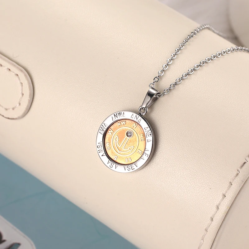 The Surface Is Engraved With Boat Anchor And Inlaid With White Zircon Plated Rose Gold Stainless Steel Round Pendant Necklace