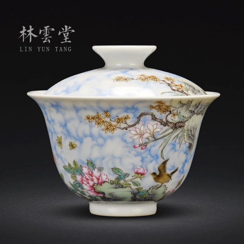 Lin Yuntang jingdezhen tureen pastel painting of flowers and small tureen tureen cup small bowl of high-grade tea