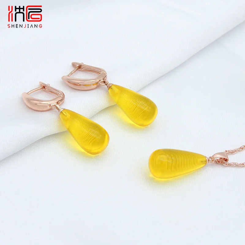 SHENJIANG New Fashion 585 Rose Gold Color Water Drop Imitation Beeswax Dangle Earrings Jewelry Sets For Women Pendant Necklace