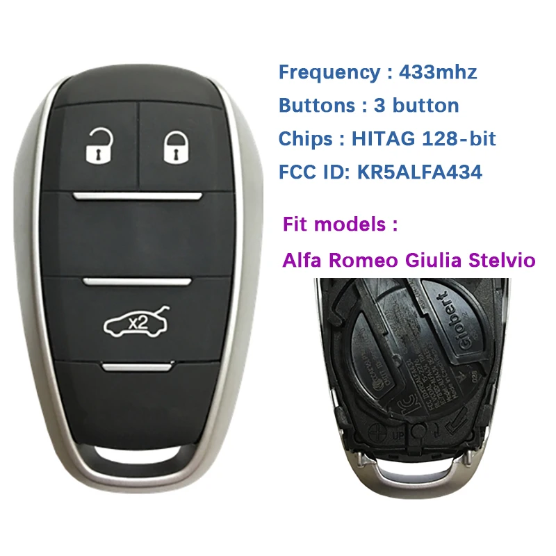 CN092001 3 przycisk inteligentny klucz samochodowy dla Alfa Romeo Giulia Stelvio 2017 2018 4A Chip 434MHz FCC ID KR5ALFA434