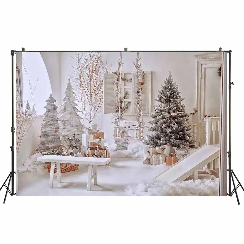 Kerst Achtergrond Wit Houten Deur Winter Sneeuw Kerst Bomen Pasgeboren Baby Fotografie Achtergrond Fotostudio Props W-4750