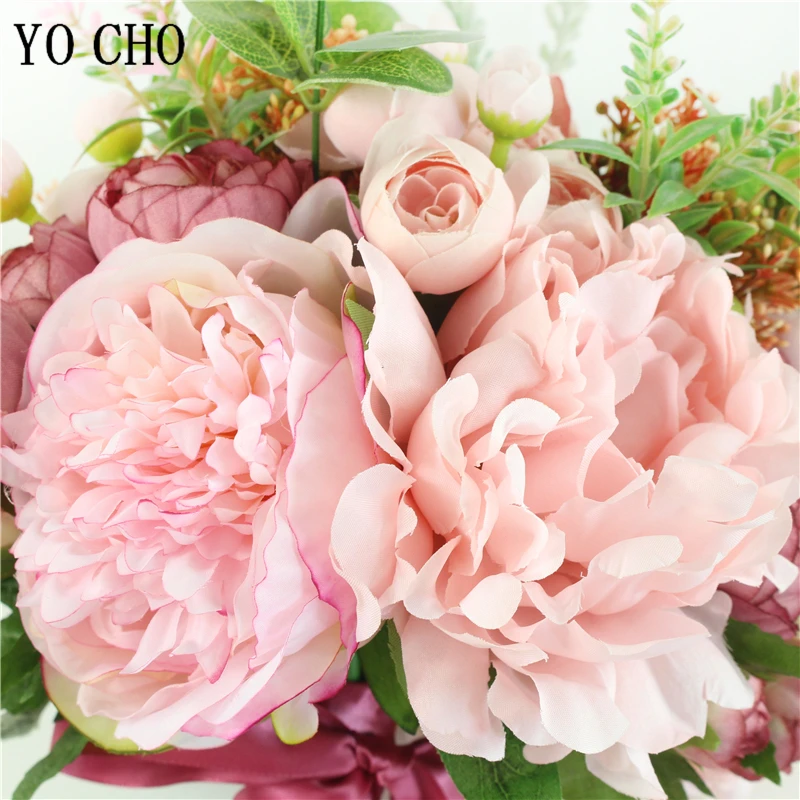 Yo cho moda noiva mão flores bonito peônia bouquets casamento artificial rosa flores de seda diy bouquet branco peônia rosa vermelha