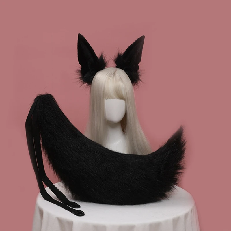 Faux Fur Animal Headbands Furry Animal Wolf Ears Headwear Tail Set Kawaii Hair Hoop for Halloween Cosplay Party Supplies