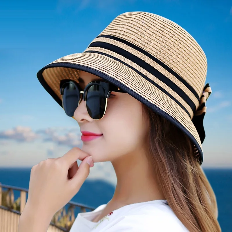 2021 Muchique Boater Hats for Women Summer Sun Straw Hat Wide Brim Beach Hats Girl Outside Travel Straw Cap Casual Bow Hat