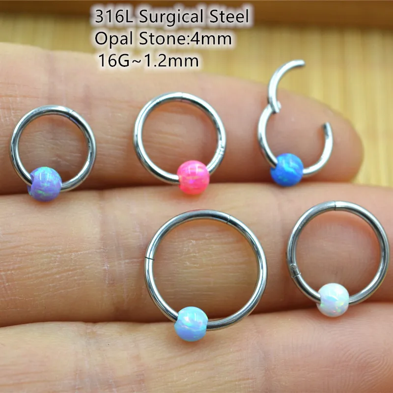 

10pcs 16G 316L Surgical Steel Opal Seamless Hinged Segment Nose Clicker Hoop Septum Ear Rook Helix Cartilage Ring Body Piercing