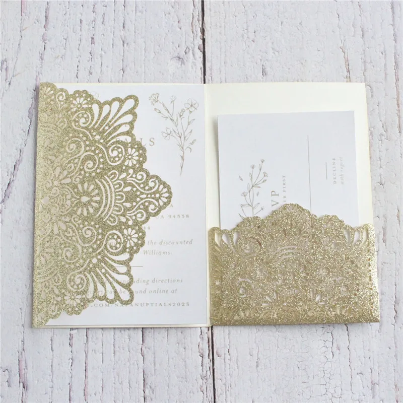 

Glitter laser cut wedding invitations tri-fold pocket invitation 50pcs gold silver rose gold custom printing invite RSVP