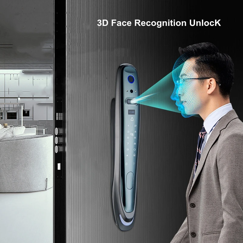 Face Recognition Smart Fingerprint Password IC Card Electronic Door Lock Autmation With Surveillance Camera Visible Doorbell