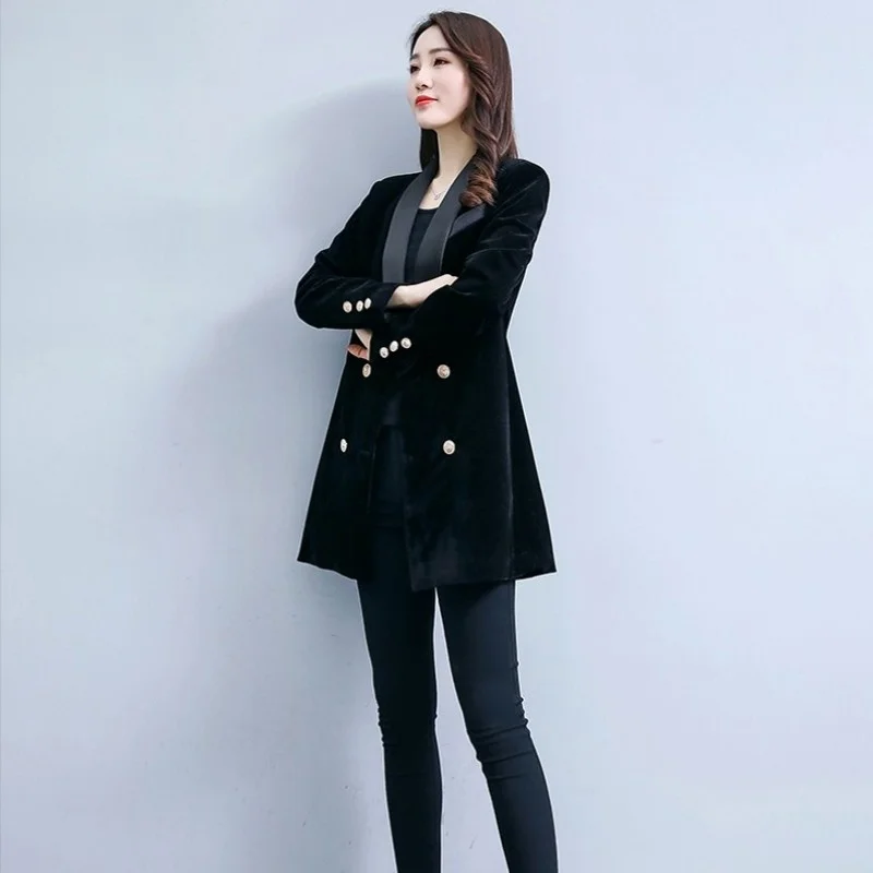 Style England Slim Velvet Blazer Women Medium Long Autumn New Black Casual Thin Suit Jacket Office Lady Double Breasted Coat