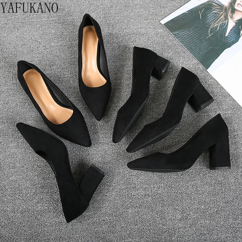 Fashion Net Red Thick-Heeled High-Heeled Shoes Temperament Suede Work Shoes Black Casual Single Shoes Womens Pumps Small Size 33