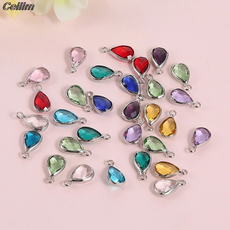 10pcs 14mm Crystal Birthstone Charms Silver Plated Small Water Drop Pendants Jewelry Accessories for Handmade Bracelet Making