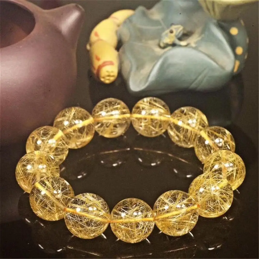 16mm Natural Gold Rutilated Quartz Bracelet For Women Man Brazil Round Beads Luck Wealth Stone Stretch Strand Jewelry AAAAA