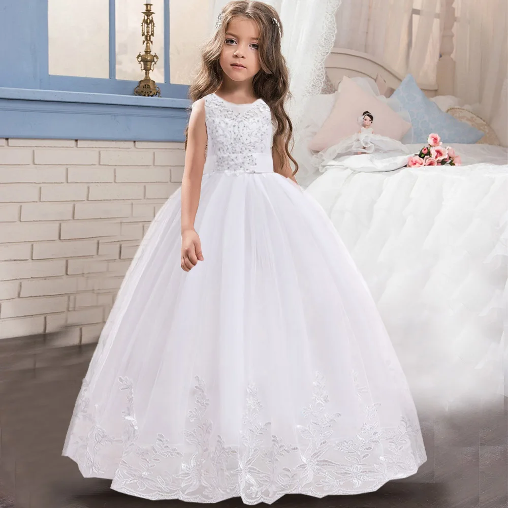 Formal Flower Bridesmaid Baby Girl Dress Teen Kids Christmas Prom Evening Wedding Party Clothes White Pink Costume Vestidos