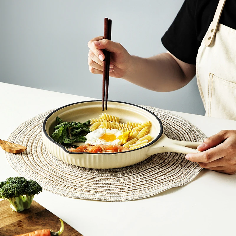 Ceramic Cookware Non-stick Pan Kitchen Thick Bottom Pan Breakfast Plate Uncoated Single Handle Pan High Temperature Omelette Pan