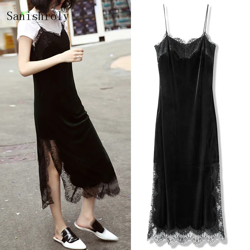 

Sexy V-Neck Split Velvet Dress Women Long Spaghetti Strap Dress Eyelash Lace Dresses Female Autumn Winter Bottoming Vestidos