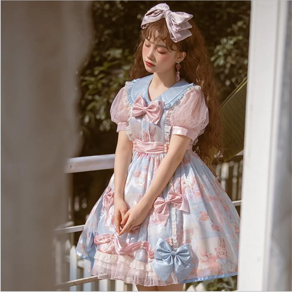 Ngọt Nhật Bản Palaca Công Chúa Sakura Lolita Đầm Cos Loli Tiệc Trà Nữ Tay Ngắn OP Đầm Kawaii Nơ Vestidos