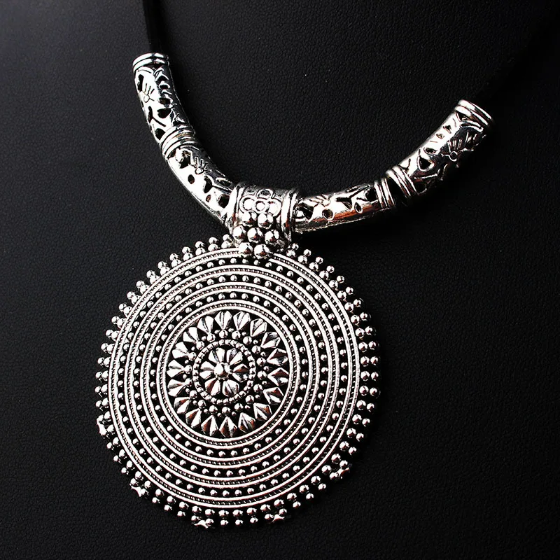 Long Ethnic Necklace with Circle Tribal Pendant Necklace for Women