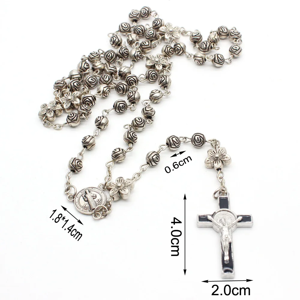 Vintage metal rose rosary necklace cross pendant necklace religious gift giveaway