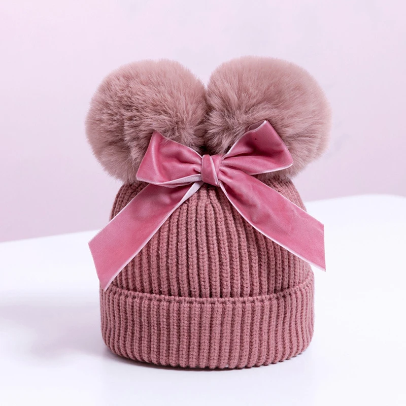 Baby Double Pompom Hat Velvet Bow Winter Girls Warm Knit Thicker Pom Pom Hats Ball Children Beanie Cap Kids Bonnet Casquette