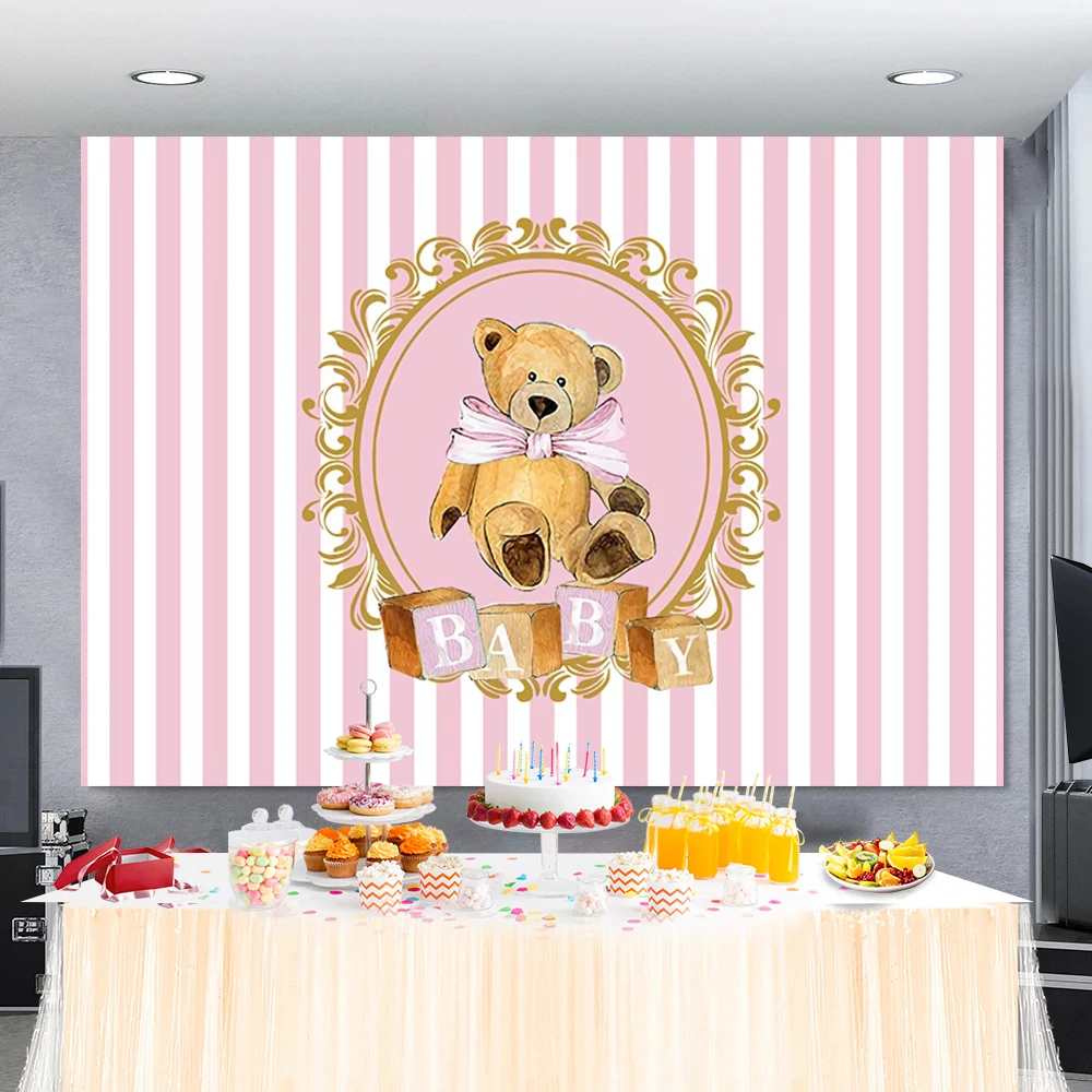 Teddy Bear Birthday Backdrop Pink White Stripes Newborn Baby Shower Birthday Party Photography Background Photocall Brtshwfn