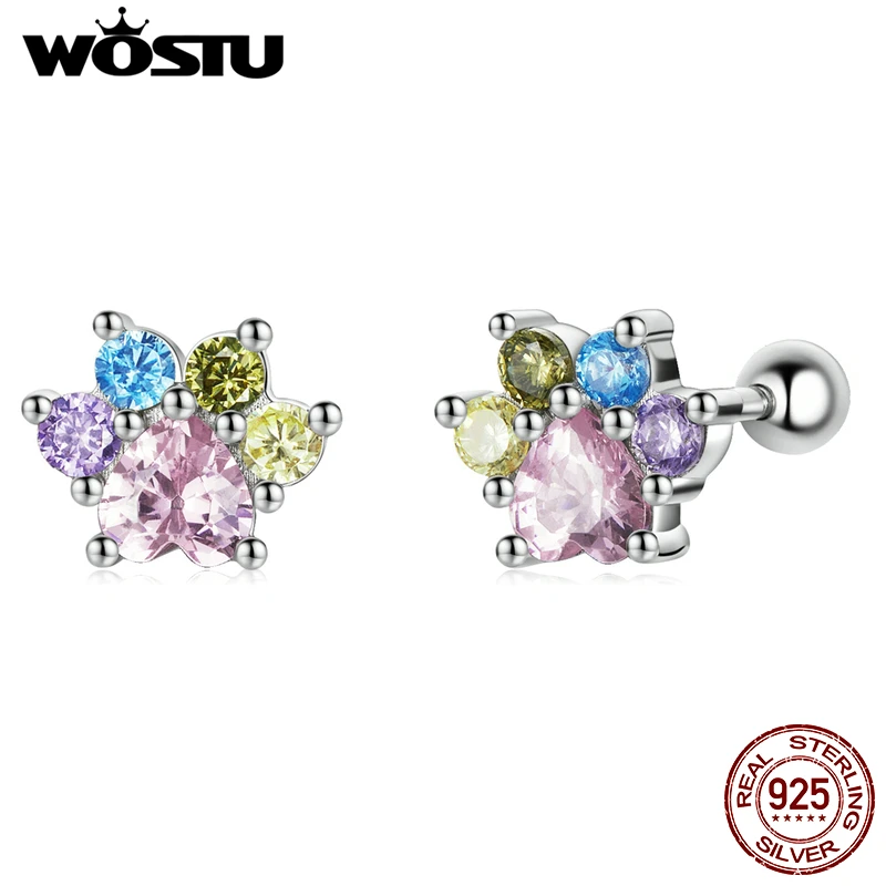 WOSTU 925 Sterling Silver Cat Dog Colorful Animals Cute Paws Rainbow Stud Earrings For Women Fashion Party Jewelry Gift CQE1334